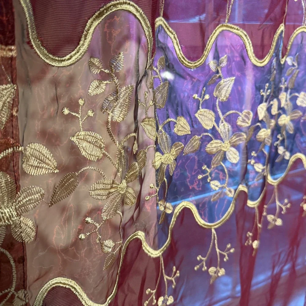 Vtg Burgundy Sheer Embroidered Curtains Set of 2 Lace Window Panels 66.5